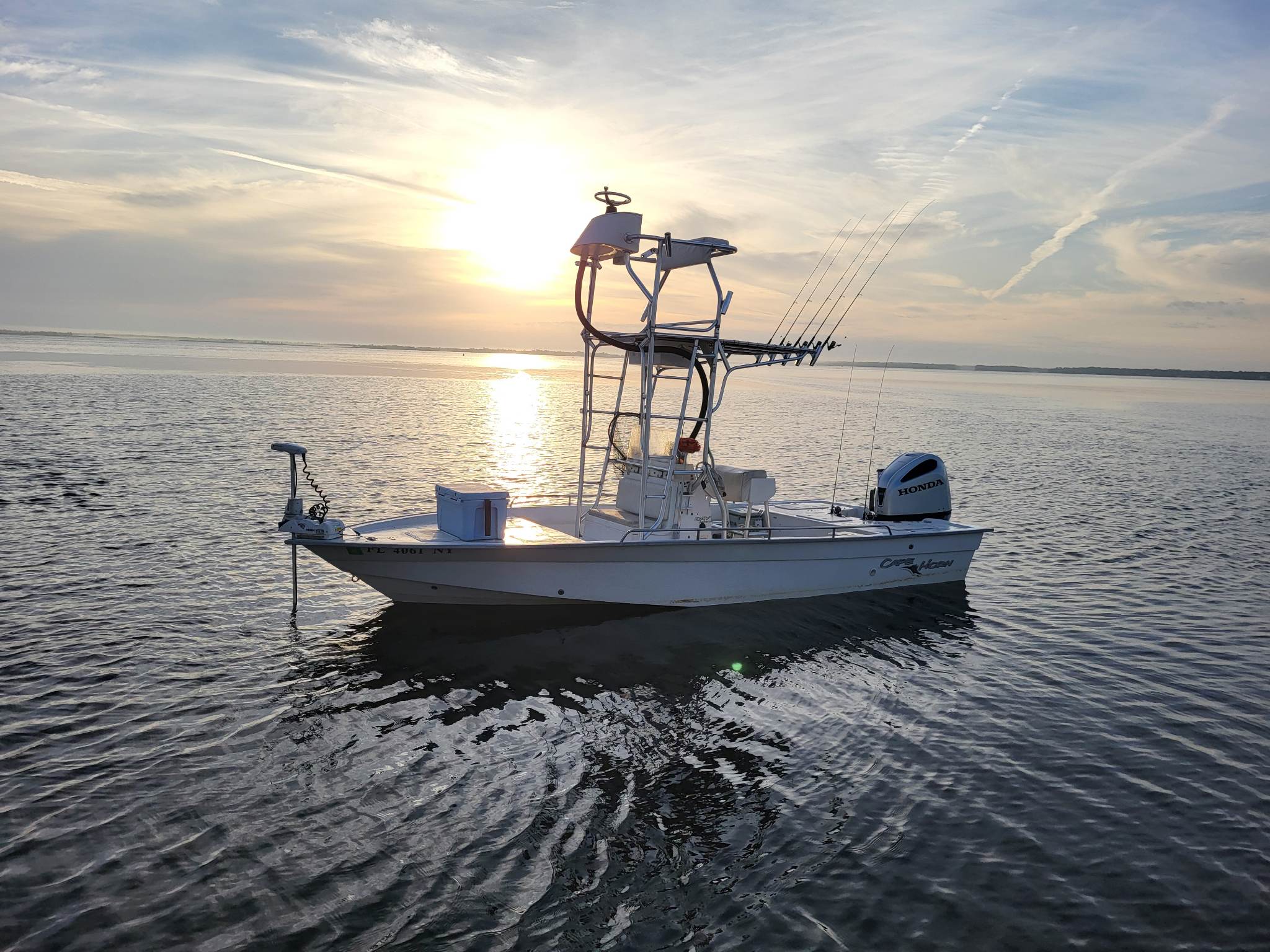 30A Bay Guide Service 22-foot Cape Horn fishing boat at sunset