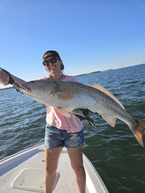 Guest holding a redfish caught on a private inshore charter