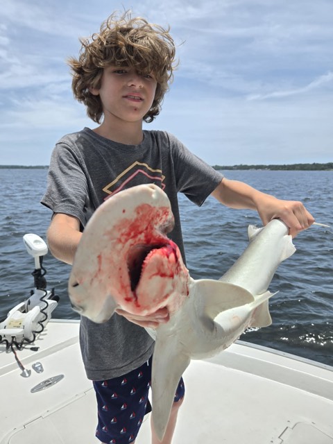 Child holding a long inshore fish aboard the charter boat